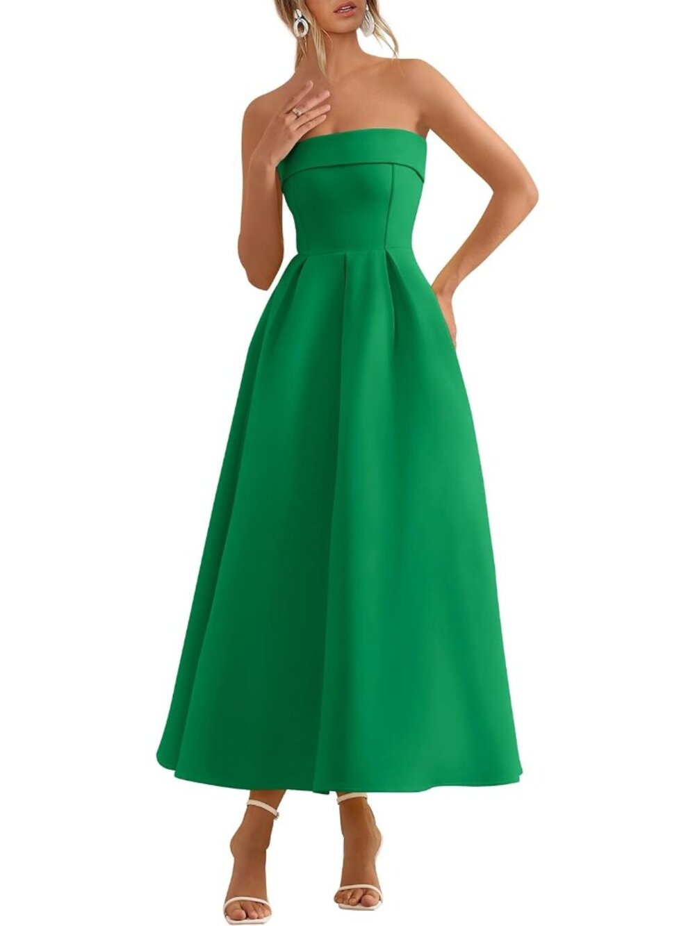 Women's Green Summer Formal Elegant Tube Top Strapless Wedding Guest Midi Dress